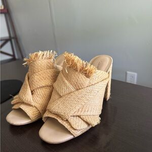 Gianni Bini Tan Raffia Mules with Block Heel